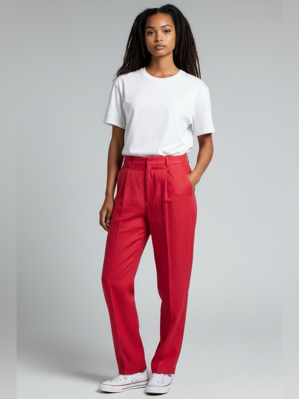 Women's High-Waist Red Linen Tailored Pants